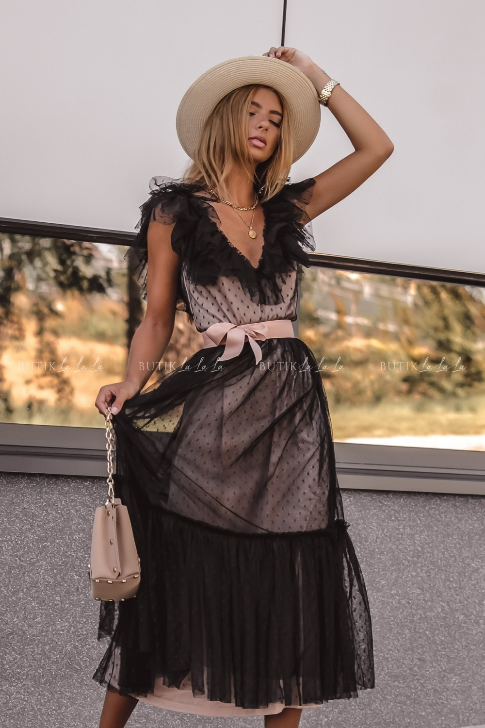 SUKIENKA MIDI TIULOWA CZARNO BEŻOWA BELISSO 2466