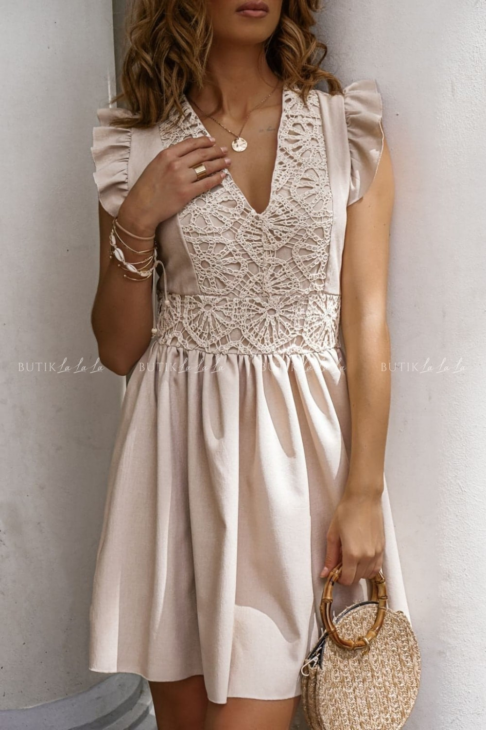 SUKIENKA LETNIA LNIANA Z&nbsp;KORONKOWĄ GÓRĄ BEŻOWA LIVIA 2087