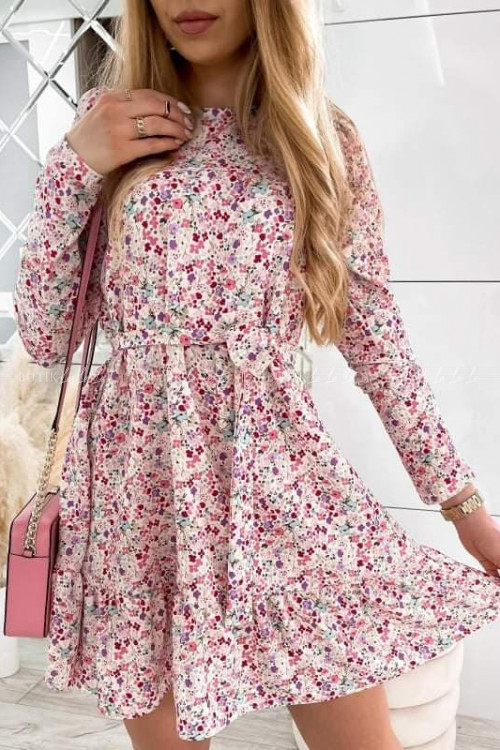 Sukienka w kwiaty beżowa z falbanką i paskiem Moledo DOSTAWA 05.04 3