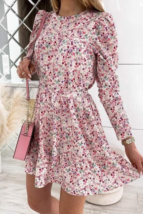 Sukienka w kwiaty beżowa z falbanką i paskiem Moledo DOSTAWA 05.04 4