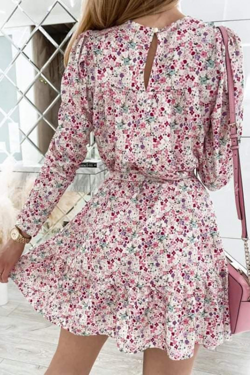 Sukienka w kwiaty beżowa z falbanką i paskiem Moledo DOSTAWA 05.04 1