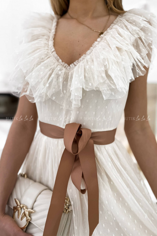 sukienka MINI tiulowa kremowa z falbanką Belisso 2