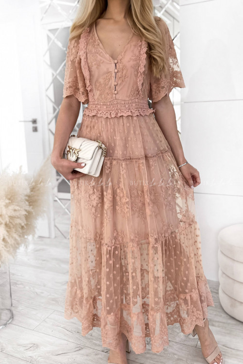 Sukienka maxi koronkowo-tiulowa pudrowa Kleopatra 1