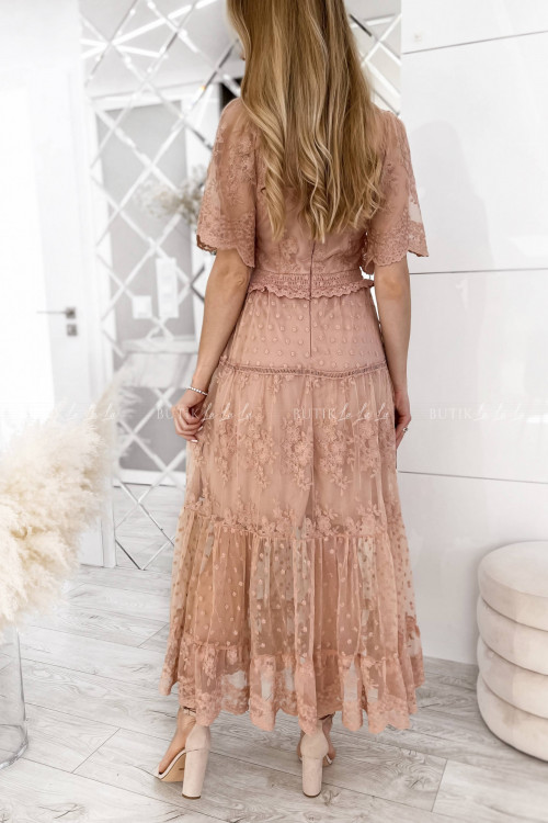 Sukienka maxi koronkowo-tiulowa pudrowa Kleopatra 5