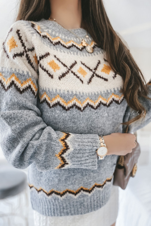 Sweter siwy w kolorowe wzory Camilo