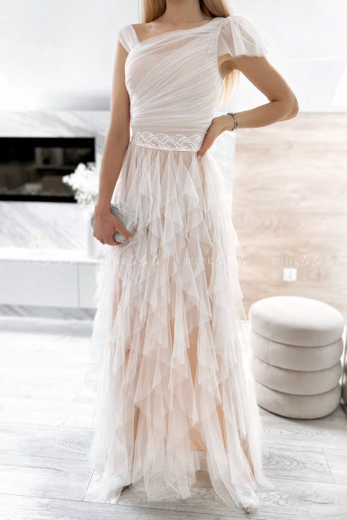 sukienka maxi z tiulowym dołem i asymetryczną górą biała Zante 3