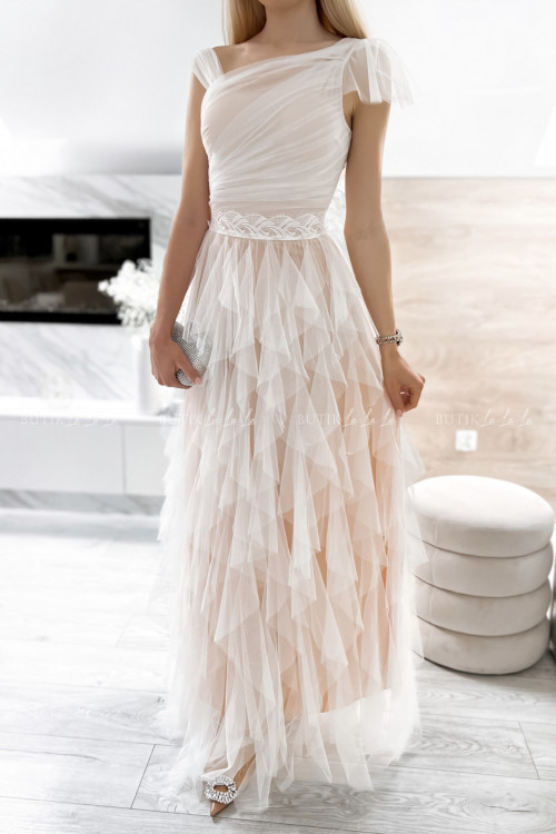 sukienka maxi z tiulowym dołem i asymetryczną górą biała Zante 4