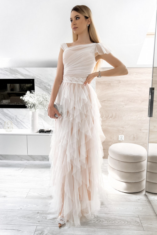 sukienka maxi z tiulowym dołem i asymetryczną górą biała Zante 5