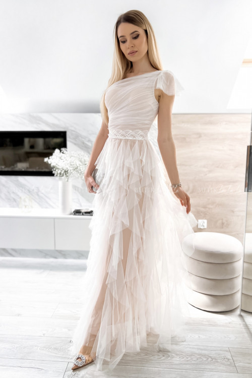 sukienka maxi z tiulowym dołem i asymetryczną górą biała Zante 7