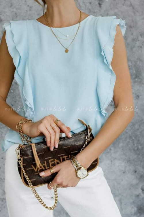 bluzka błękitna z ozdobnymi guziczkami lila