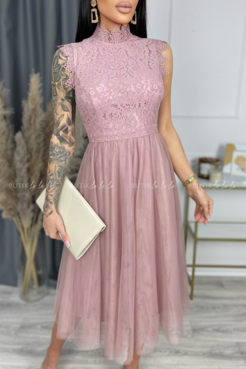 Sukienka z koronkową górą i tiulowym dołem midi pastelowy wrzos Tiffi