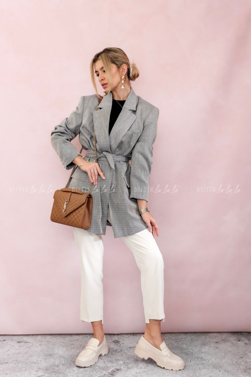 Marynarka oversize z paskiem szara Belnos 4