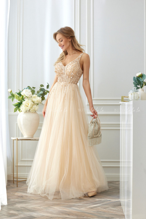 sukienka maxi tiulowo cekinowa kremowa Belissa 1