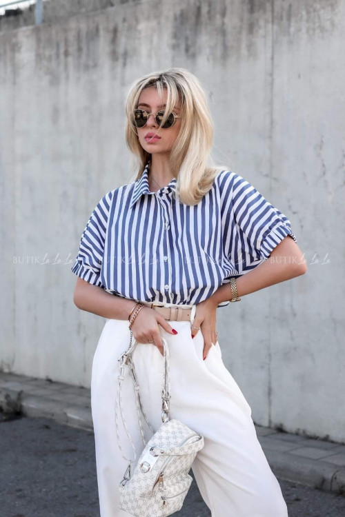 Koszula oversize na krótki rękaw niebieska w paski Ashera 4