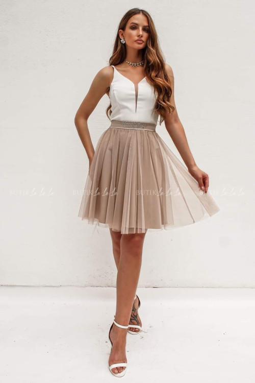 sukienka kawowo biała z paskiem mini Morini