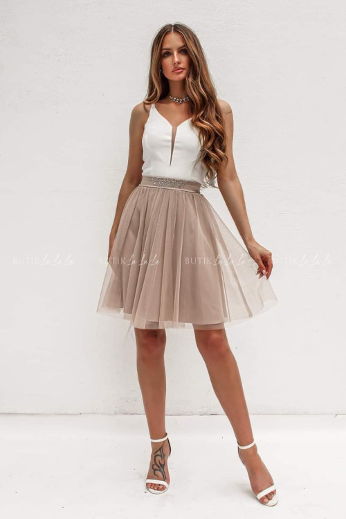 sukienka kawowo biała z paskiem mini Morini 2