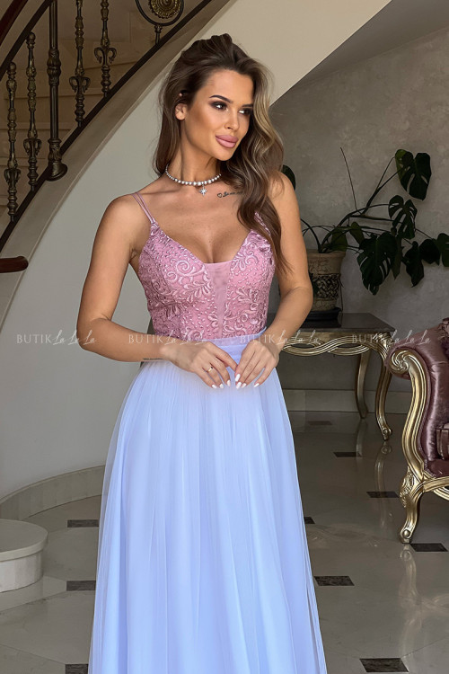 Sukienka biało pudrowa z tiulowym dołem Marlen