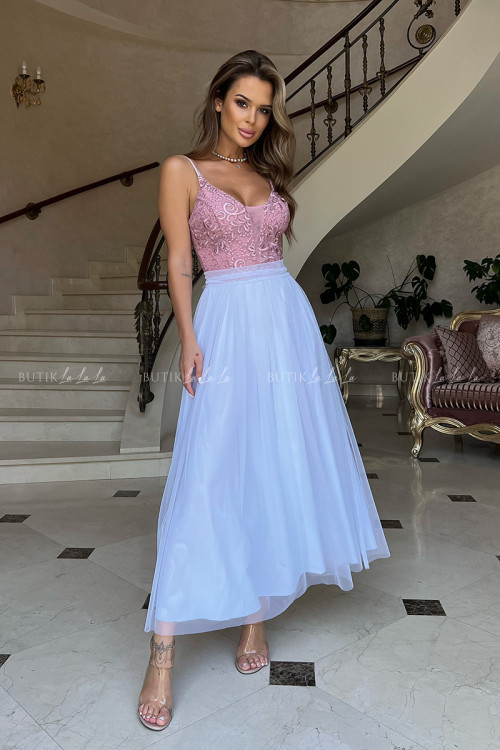 Sukienka biało pudrowa z tiulowym dołem Marlen 5