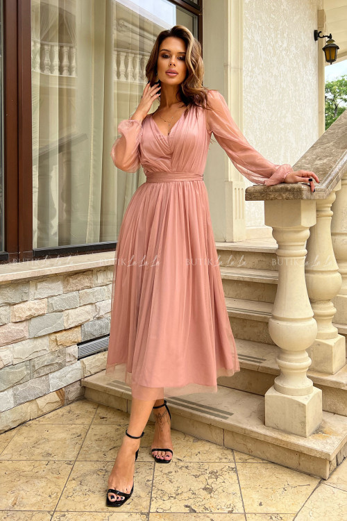 sukienka cynamonowa midi z połyskującą siateczką Vanessa