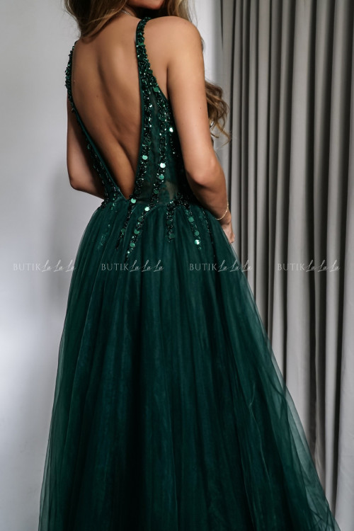 sukienka maxi tiulowo cekinowa butelkowa zieleń Belissa 3