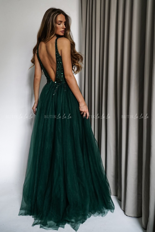 sukienka maxi tiulowo cekinowa butelkowa zieleń Belissa 1