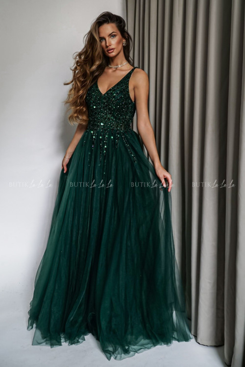 sukienka maxi tiulowo cekinowa butelkowa zieleń Belissa 2