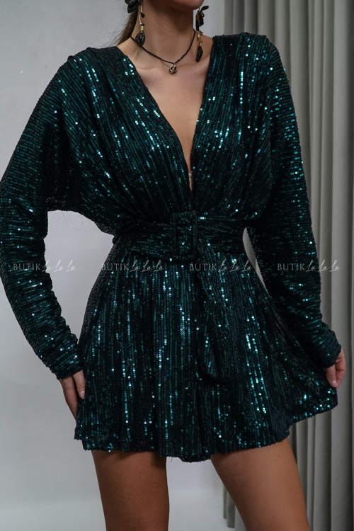 Kombinezon cekinowy czarno zielony z paskiem Olgie