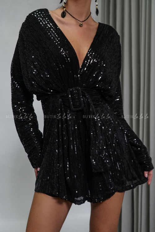 Kombinezon cekinowy czarny z paskiem Olgie