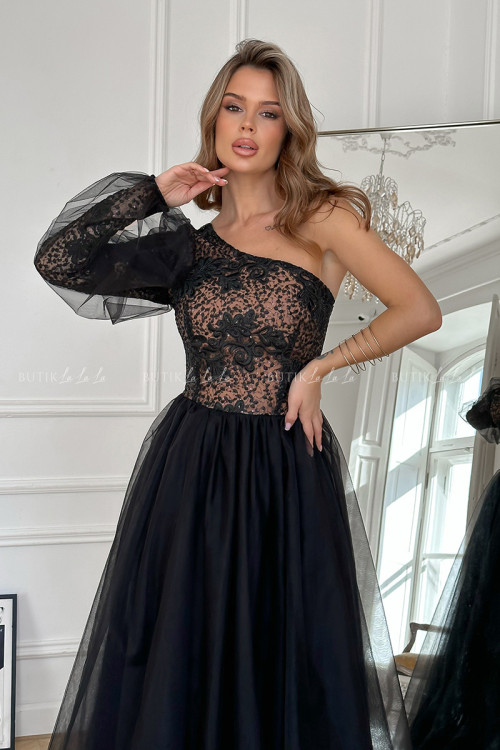 Sukienka z rozkloszowanym tiulowym dołem czarno beżowa Valentina 7