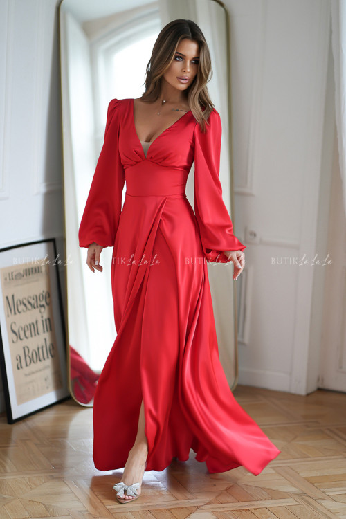 sukienka satynowa czerwona na długi rękaw Michael 4