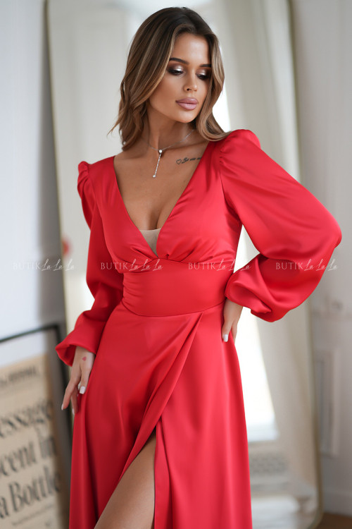 sukienka satynowa czerwona na długi rękaw Michael 5