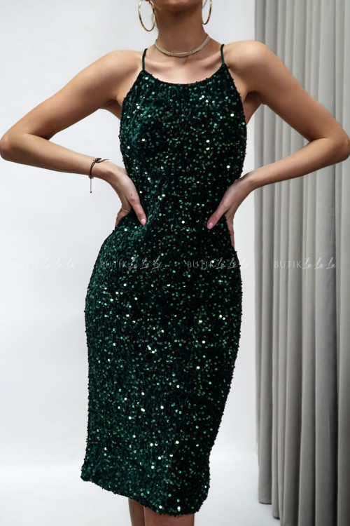 Sukienka cekinowa z odkrytymi plecami ciemno zielona Maribel