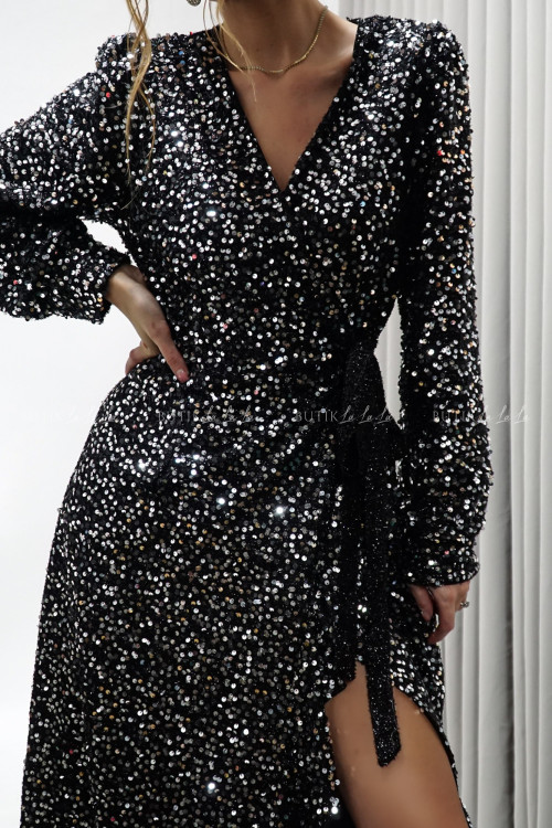 Sukienka wiązana cekinowa czaro srebrna Manroe