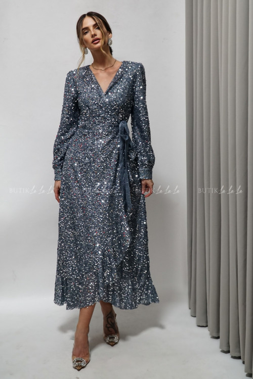 Sukienka wiązana cekinowa siwo srebrna Manroe 2