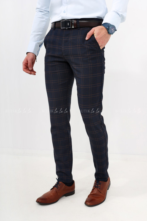 Spodnie męskie granatowe w kratę slim fit