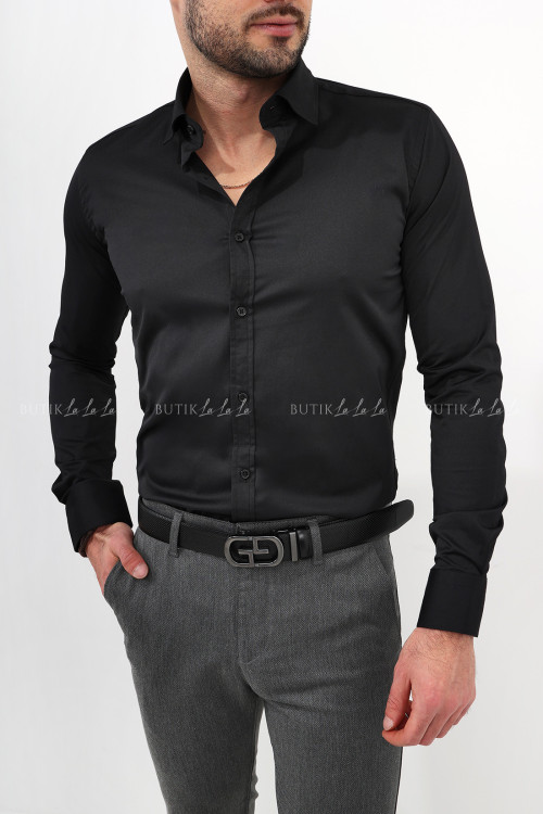 koszula męska klasyczna czarna z kołnierzykiem slim fit