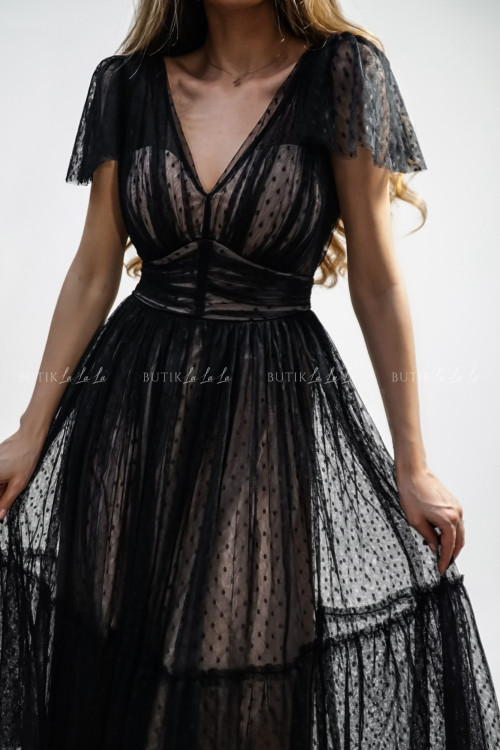 Sukienka midi tiulowa czarno beżowa Kataleja