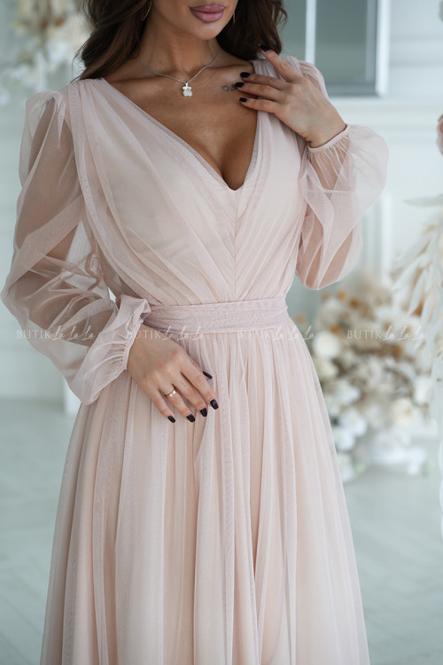 sukienka kremowo brzoskiwniowa midi z połyskującą siateczką Vanessa