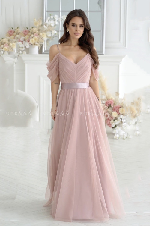 Sukienka maxi tiulowa pudrowo beżowa Leokadia