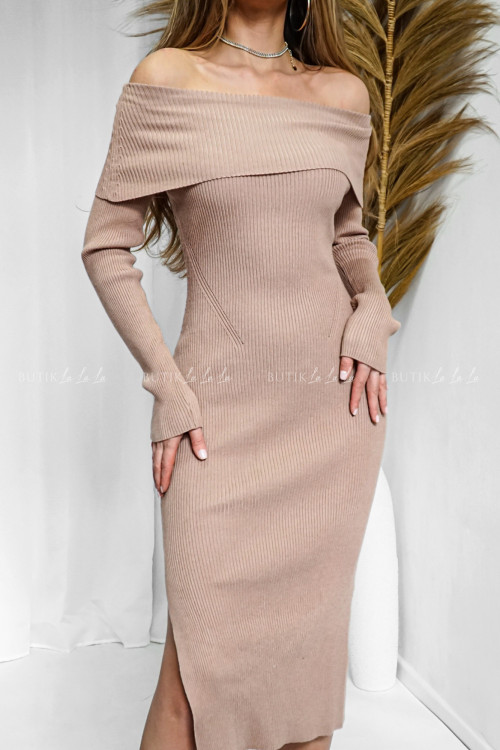 Sukienka prążkowana beżowa Welos