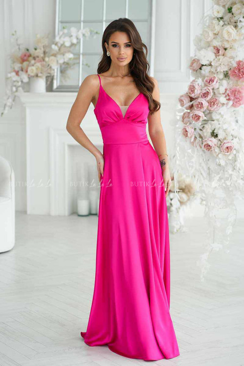 sukienka satynowa malinowa z rozcięciem Miguel 2