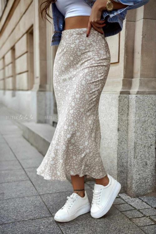Spódnica maxi beżowa w roślinny print Henso