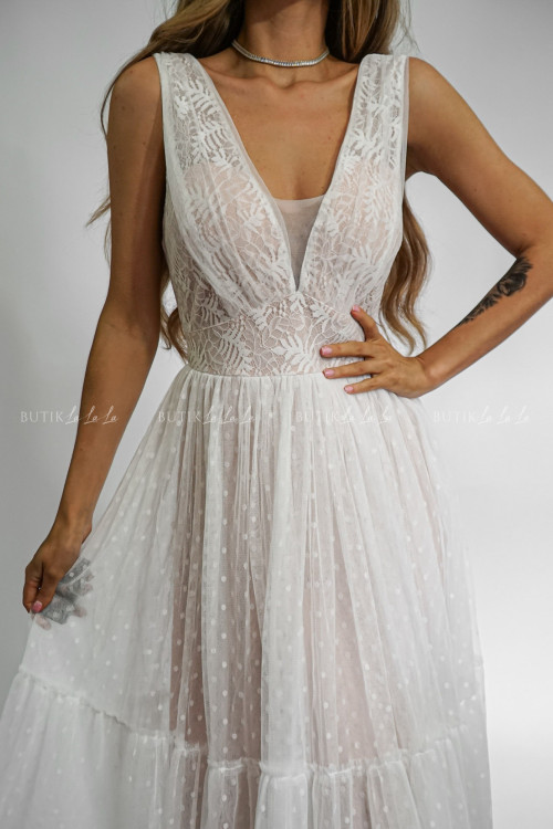 Sukienka midi tiulowa biało beżowa Airina