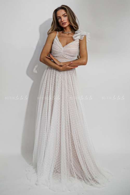 Sukienka maxi tiulowa biało beżowa Majorca 2