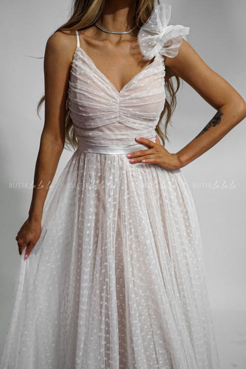 Sukienka maxi tiulowa biało beżowa Majorca