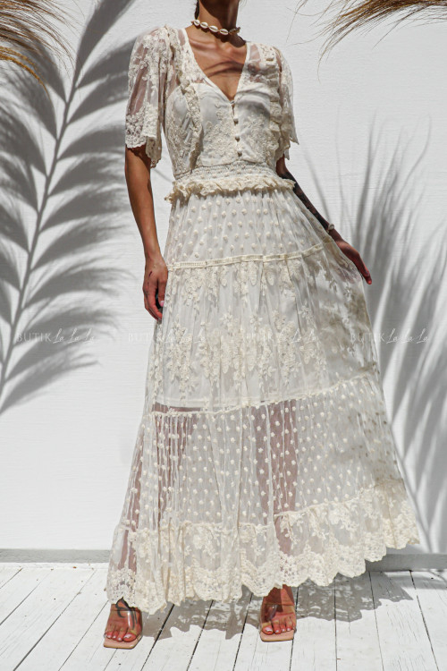 Sukienka maxi koronkowo-tiulowa kremowa Kleopatra 2