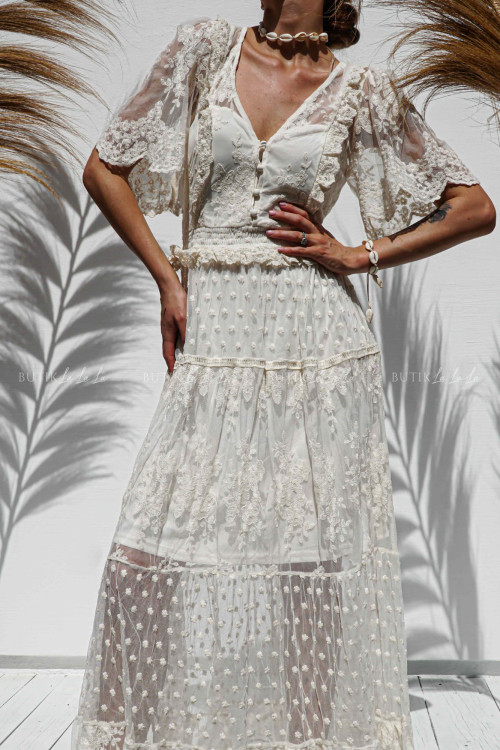 Sukienka maxi koronkowo-tiulowa kremowa Kleopatra 3