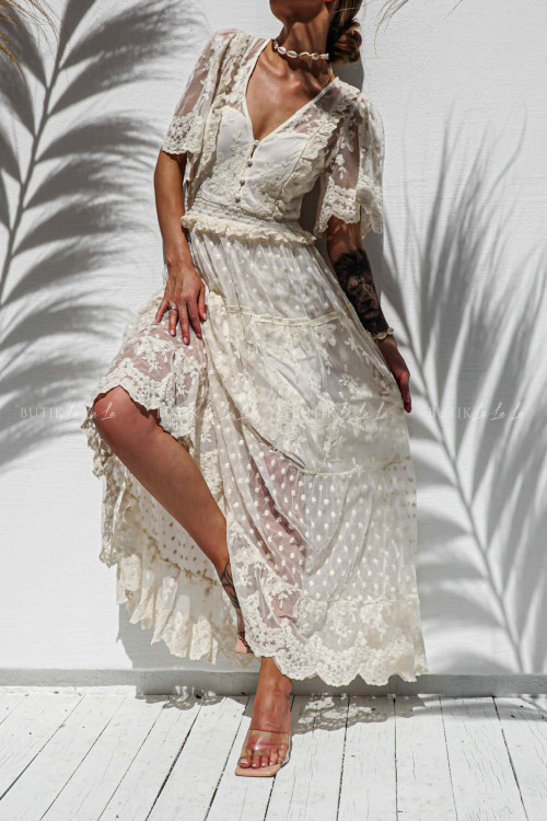 Sukienka maxi koronkowo-tiulowa kremowa Kleopatra 4
