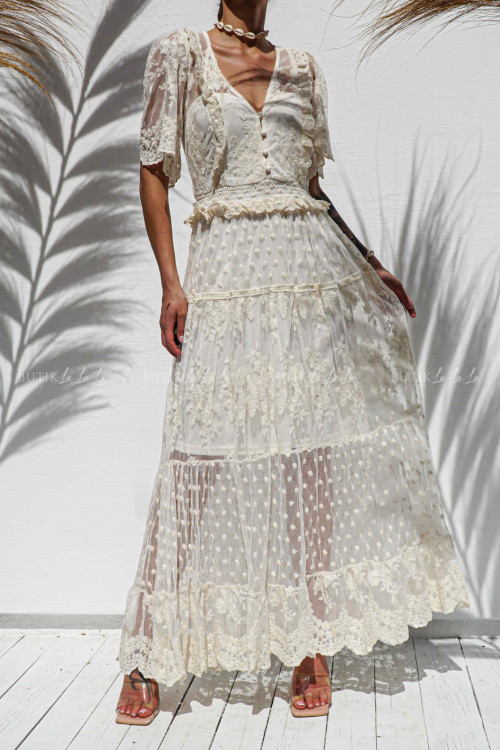 Sukienka maxi koronkowo-tiulowa kremowa Kleopatra 8