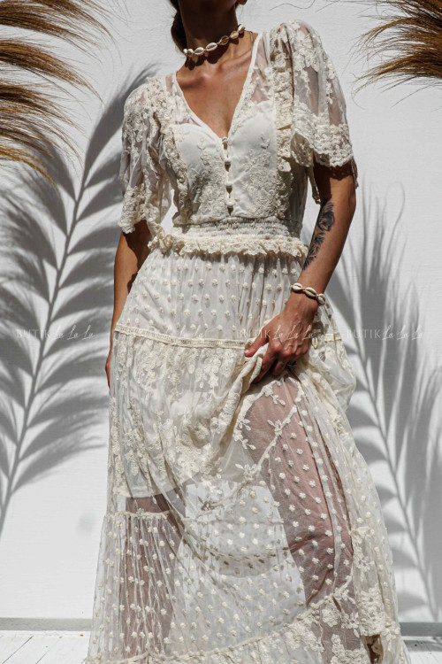 Sukienka maxi koronkowo-tiulowa kremowa Kleopatra 9